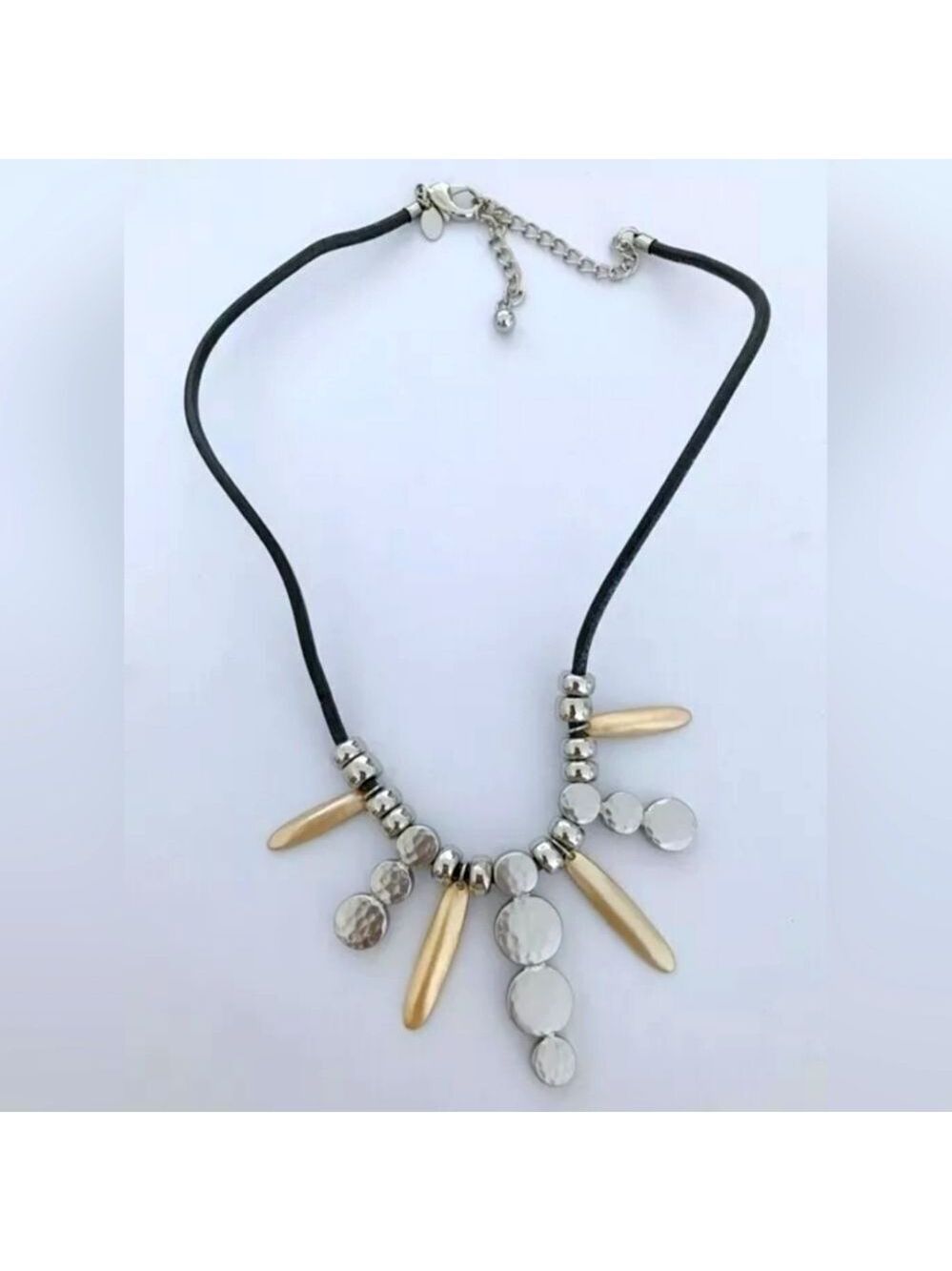 CHICO'S BLACK LEATHER CORD SILVER/GOLD 18"-22" NECKLACE NWOT